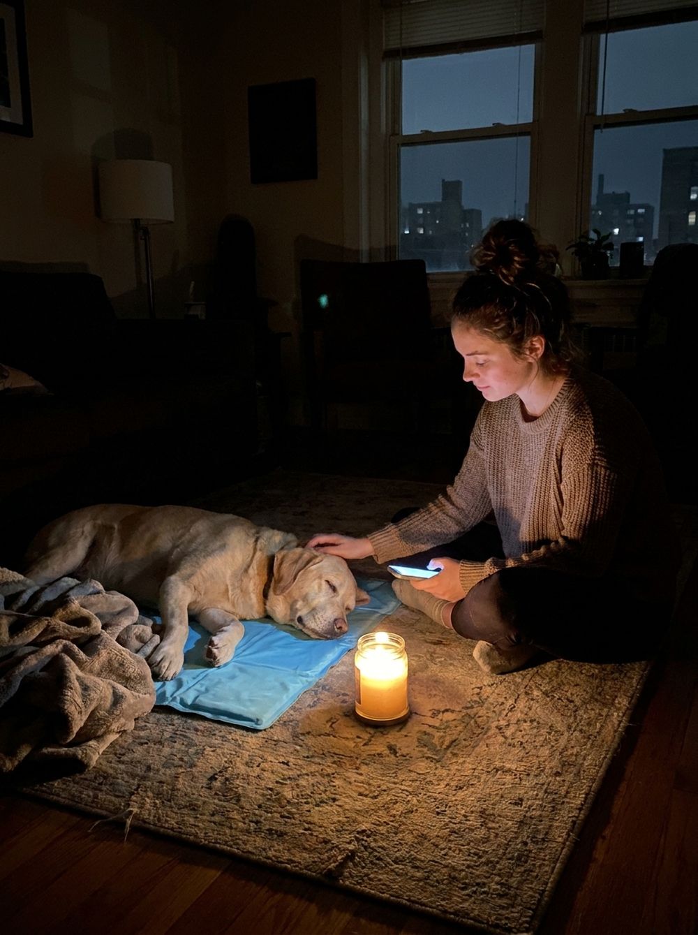 Labrador mayor durmiendo sobre la manta durante un corte de luz